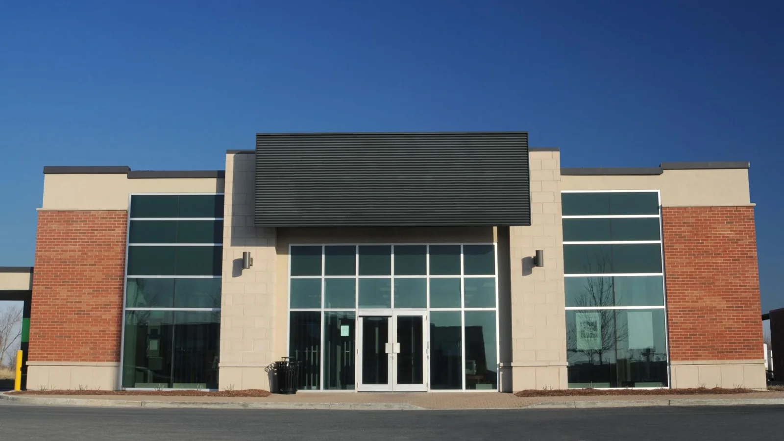 Commercial building red brick glass entrance