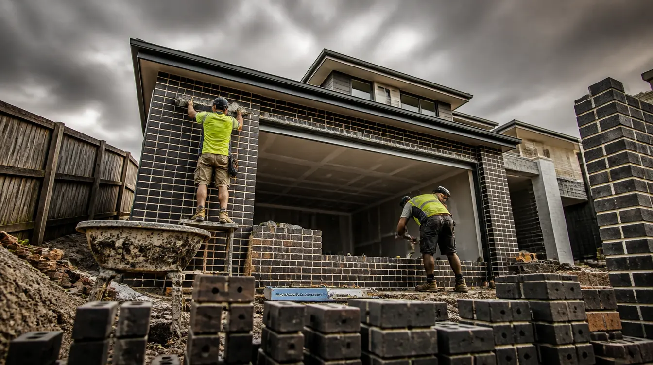 Face brick wall under construction with matching joints and corners