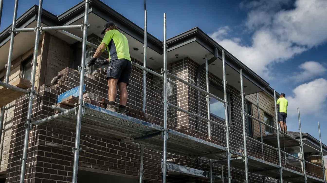 Bricklayers working on residential masonry and a brick facade