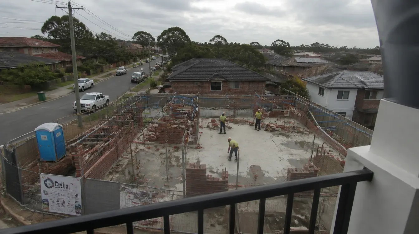 A residential masonry site showing walls, openings and construction access